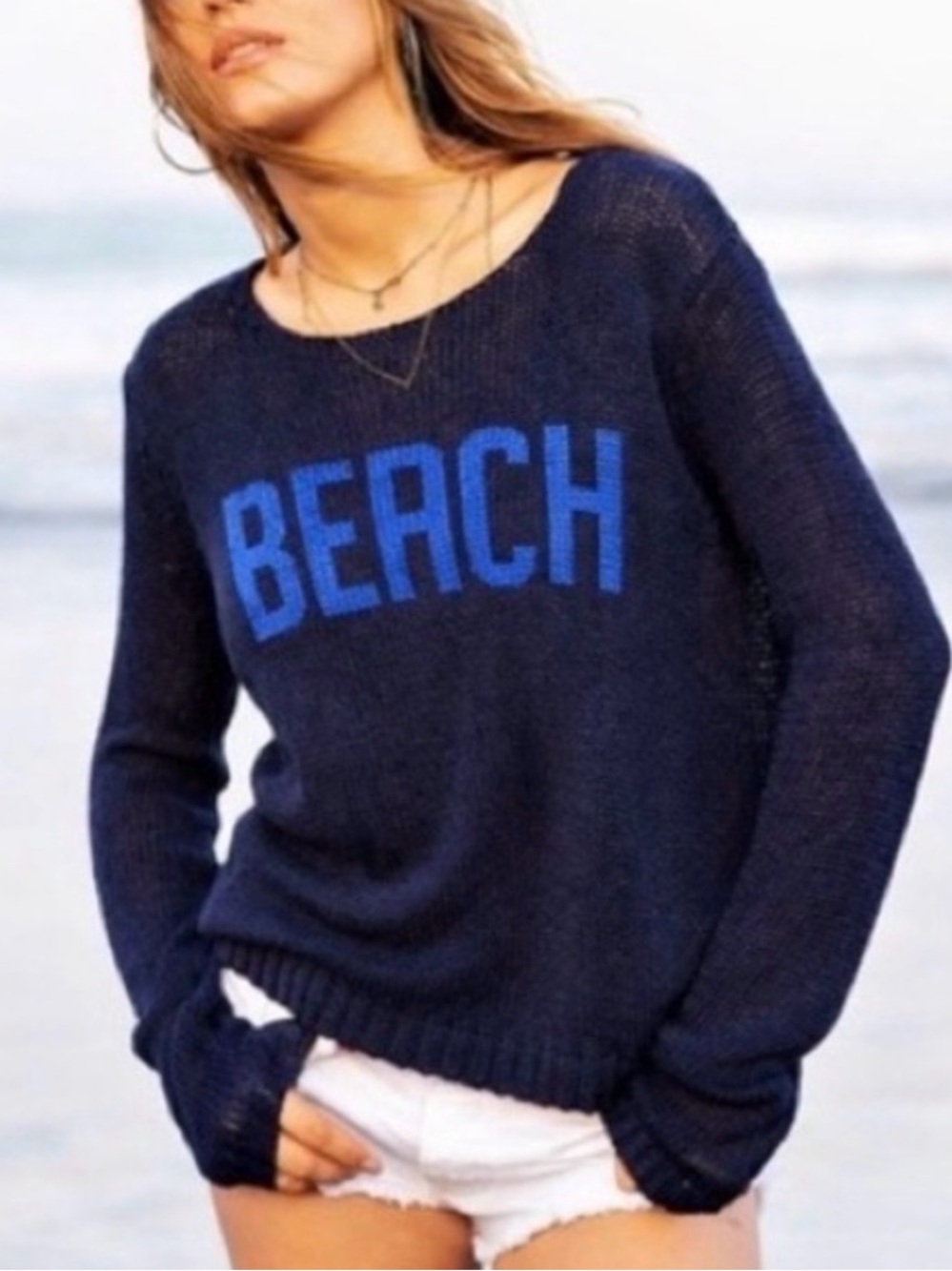 Wooden Ships Graphic ‘BEACH’ Sweater Navy Cotton Blend V-Neck S/M